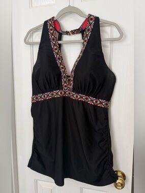 Cacique Black Tankini Top with Coral Trim and Multicolor Geometric Accent